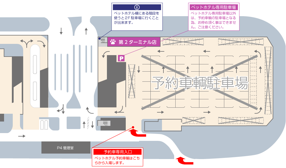 P4駐車場内の第2ターミナル店への詳細アクセスマップ